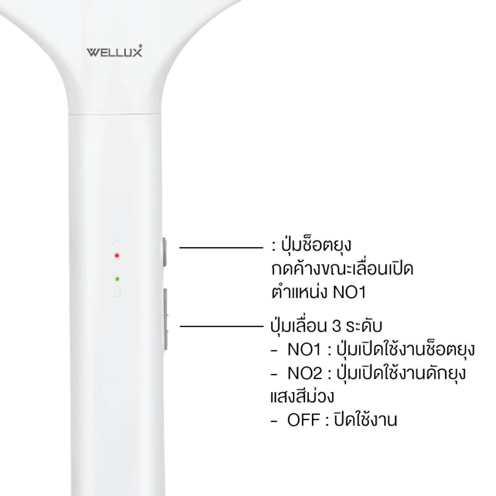 ไม้ตียุง WELLUX รุ่น MS977 พร้อมไฟล่อยุงแสงสีม่วง